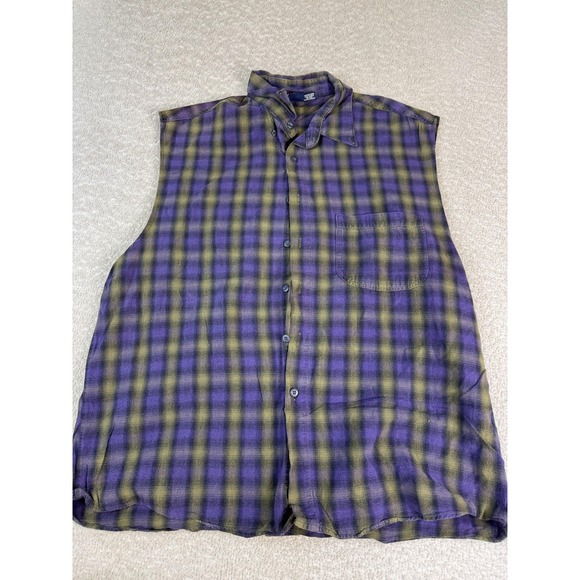 Other - Bon Homme Sleeveless Shirt Mens XL Purple Green Plaid Button Up Grunge 90s Style